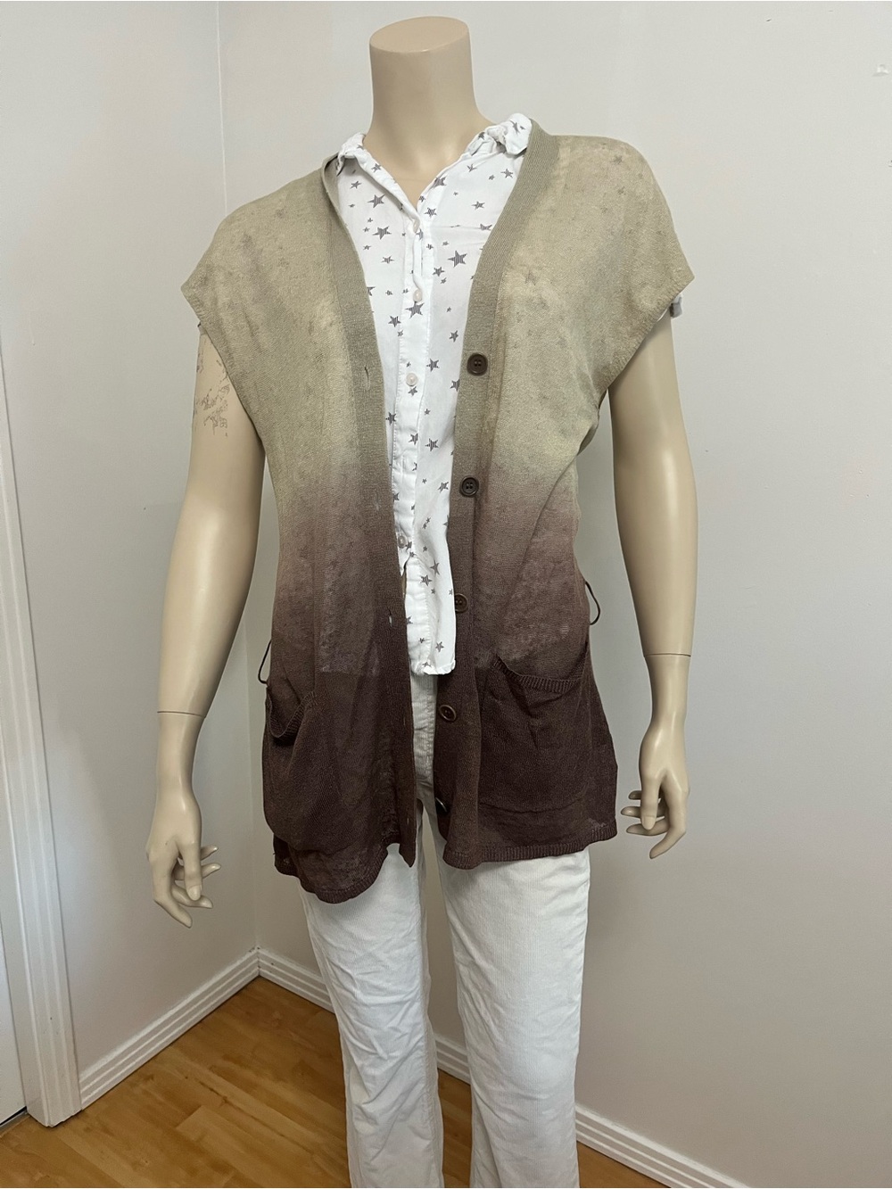 RACHEL Rachel Roy Beige to Brown Ombre Short-Sleeve Cardigan Sweater